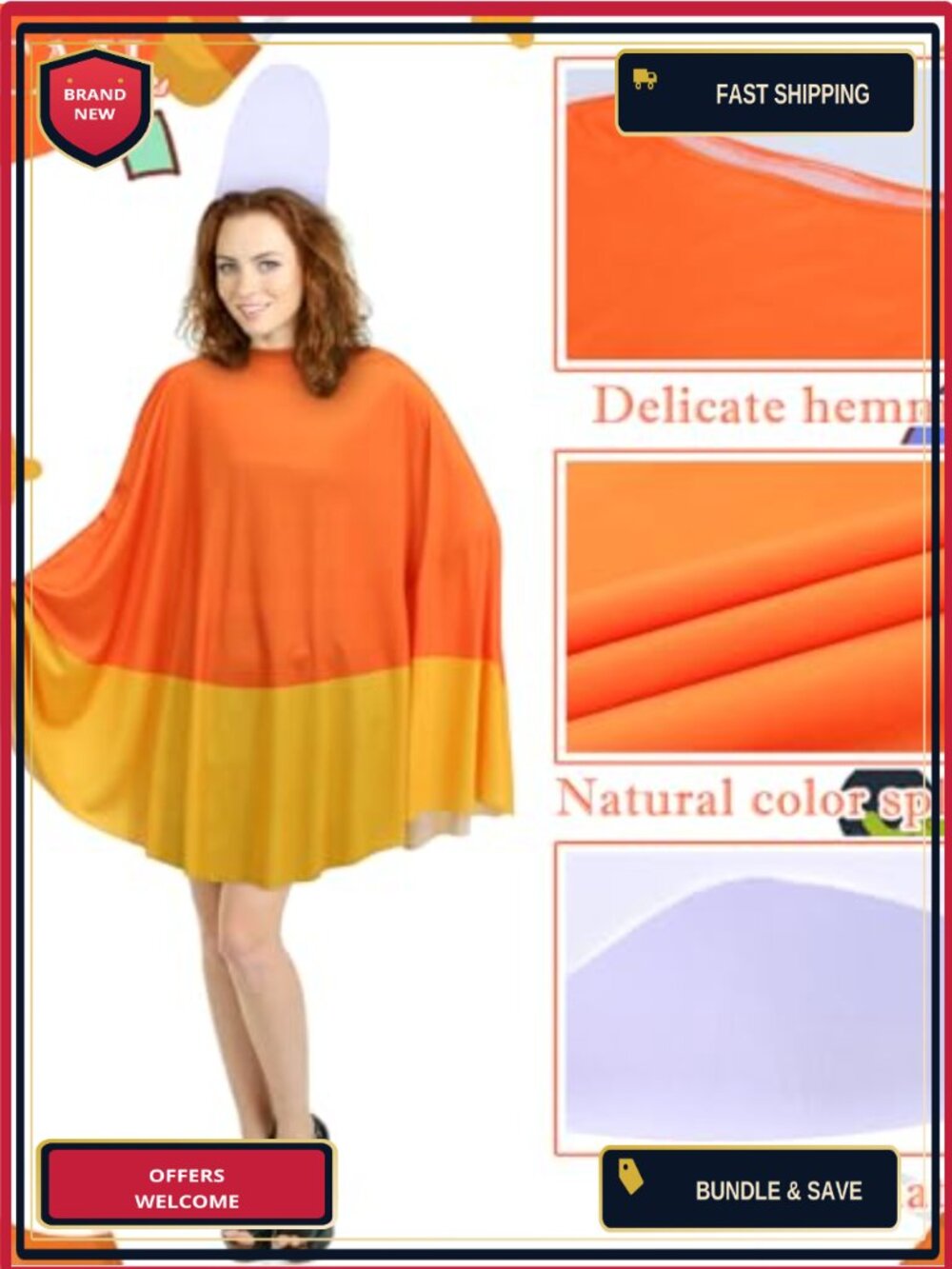 2 Piece Halloween Candy Corn Poncho and Hat Costume for Women - Picture 2 of 5